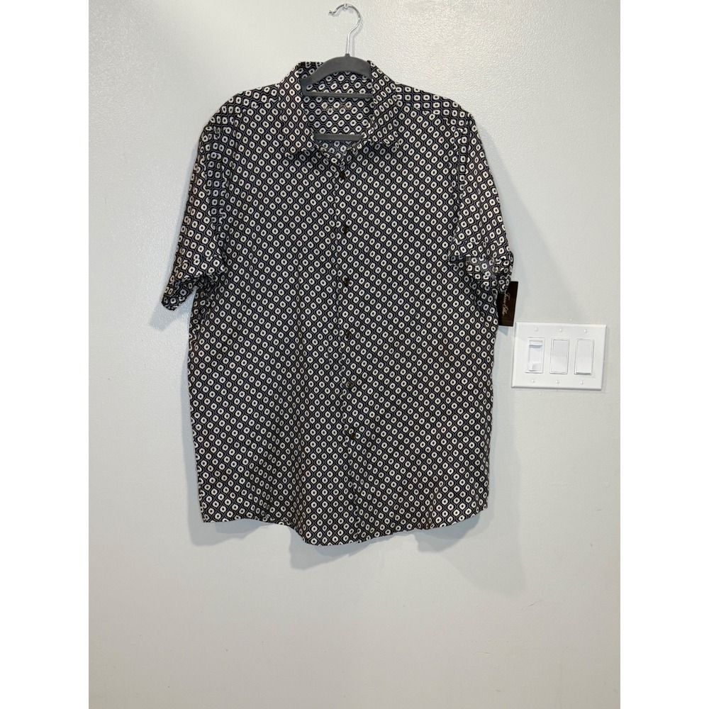 Tasso Elba Mens 100% Linen Short Sleeve Button Down Shirt Brown Medallion XL NEW